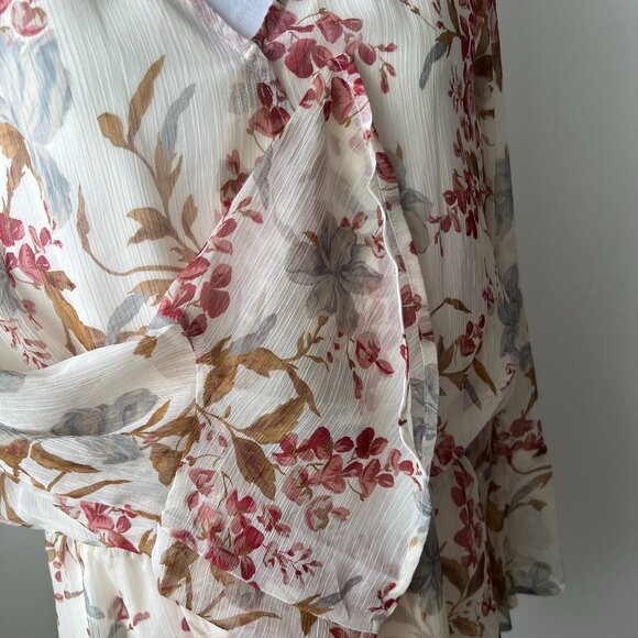 🤍Vince Camuto Flutter Cuff Peplum Blouse Sz L* Floral- Cream -burgundy - Picture 4 of 14